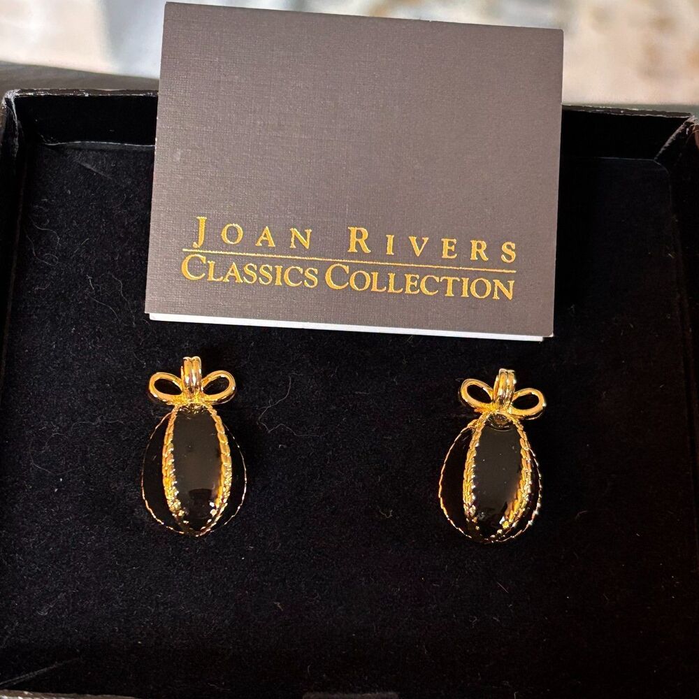 VTG Joan Rivers Classics Collection Black Enamel Egg Bow Stud Earrings